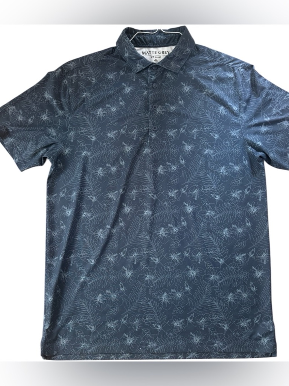 MATTE GREY Pelican Hill Mens Tech Jersey Golf Polo Blue White Floral  size M